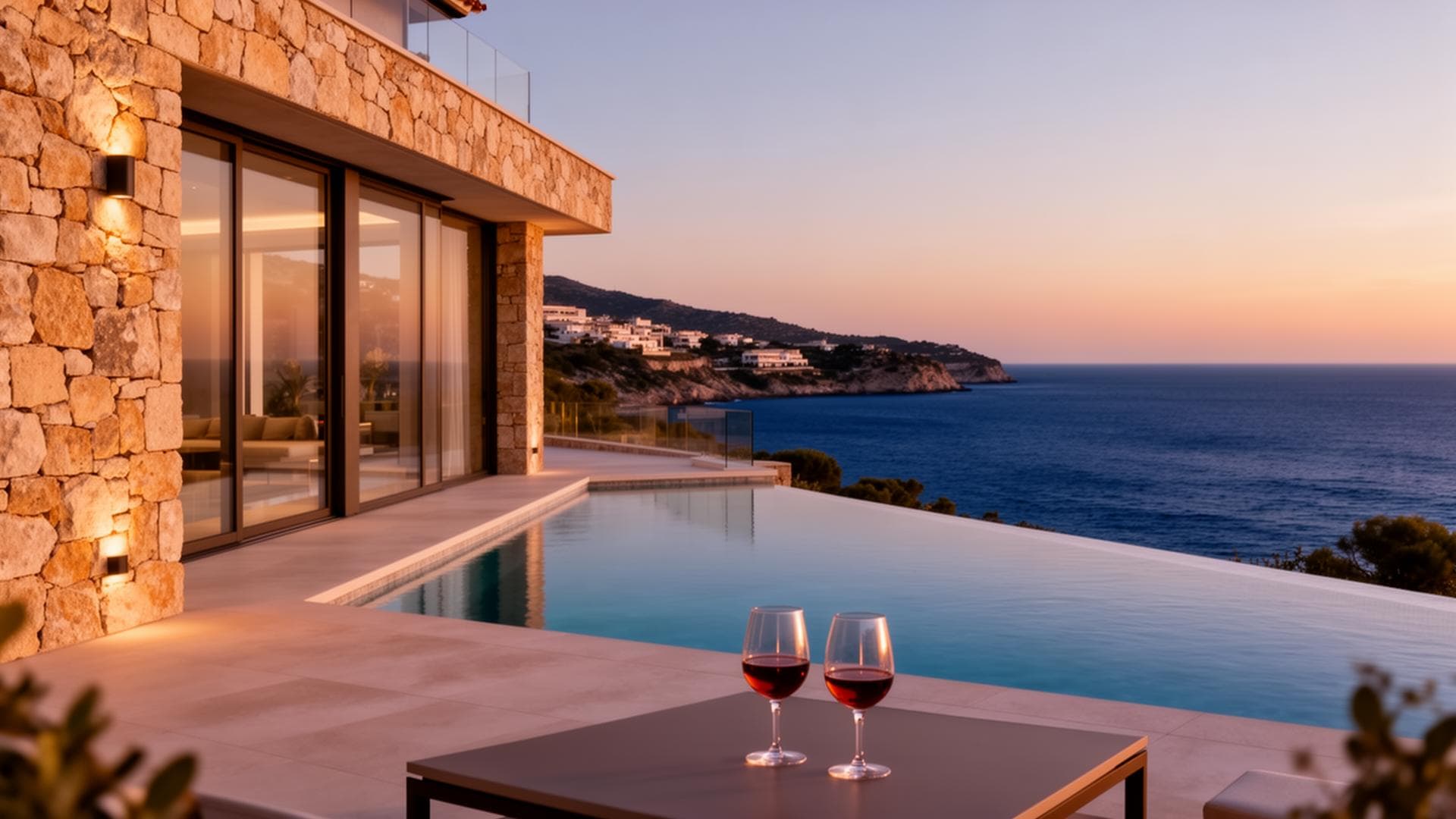 Mediterrane villa met uitzicht op zee bij zonsondergang