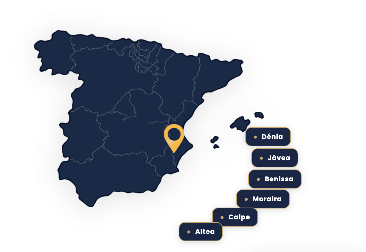 Kaart van Spanje met focus op Costa Blanca Noord